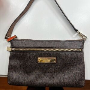 Michael Kors Dark Brown Leather Wristlet Clutch with Gold Hardware